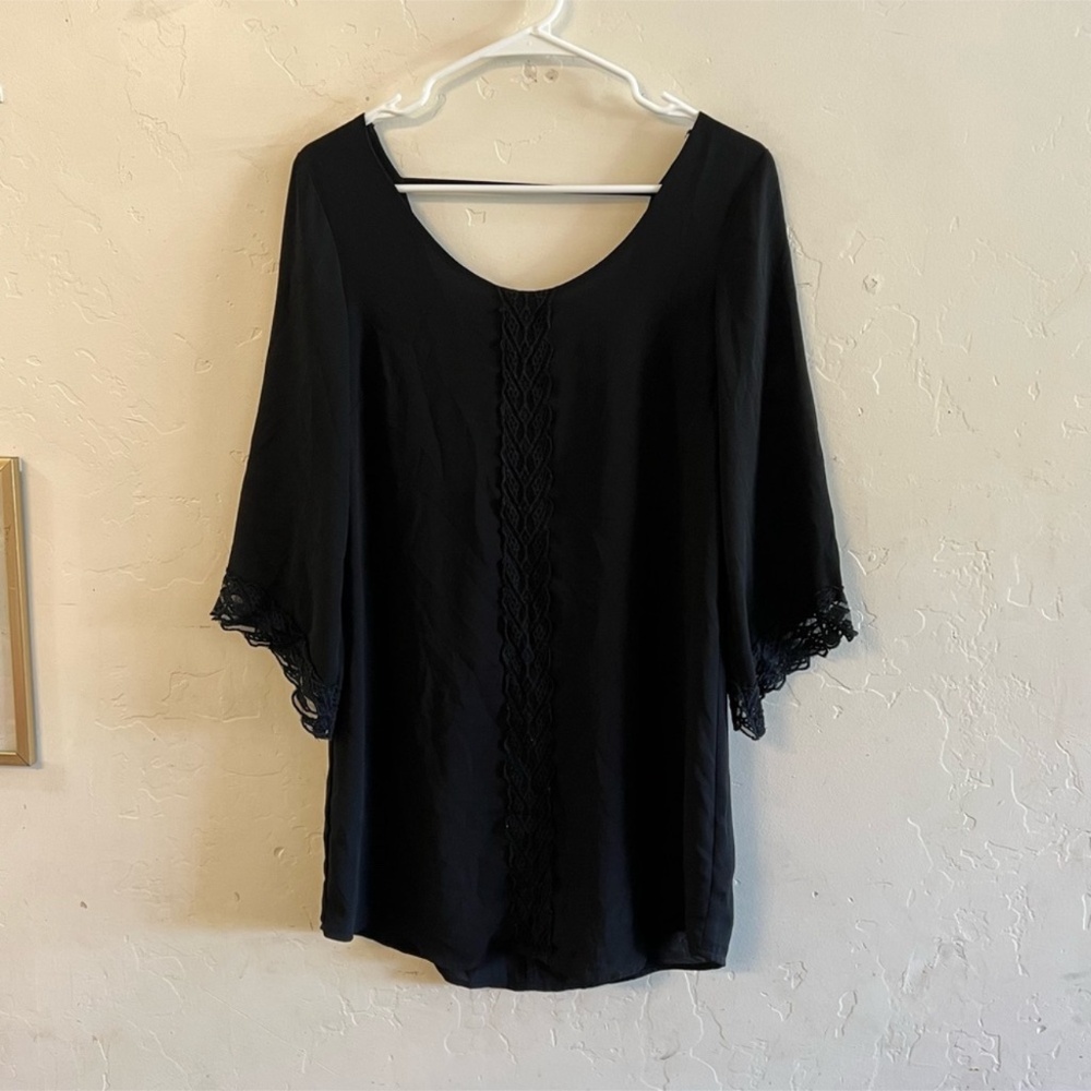 ASTR Black Lace Trim Long Sleeve Mini Shift Dress Extra Small